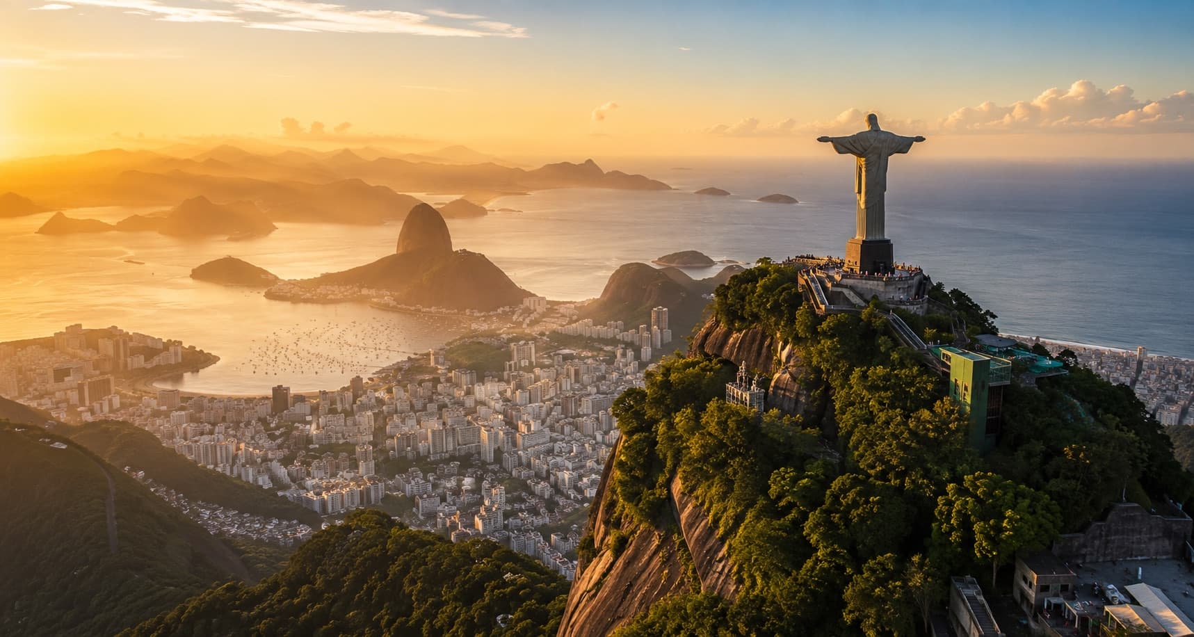 Rio de Janeiro ao pôr do sol — Cristo Redentor, Pão de Açúcar e a Baía de Guanabara.